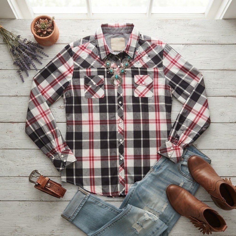 Cowgirl Up Womens Red Black Plaid Western Snap Embroidered Shirt Medium